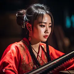 (4/4)东方女孩手持乐器，以电影般的灯光风格，传统肖像画，阮家，红色，32k UHD，高质量照片，柔焦技术(AI绘图来自WeDraw.art)