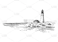 灯塔。海景。手绘矢量插图。