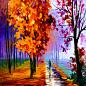 秋天树林风景油画图片