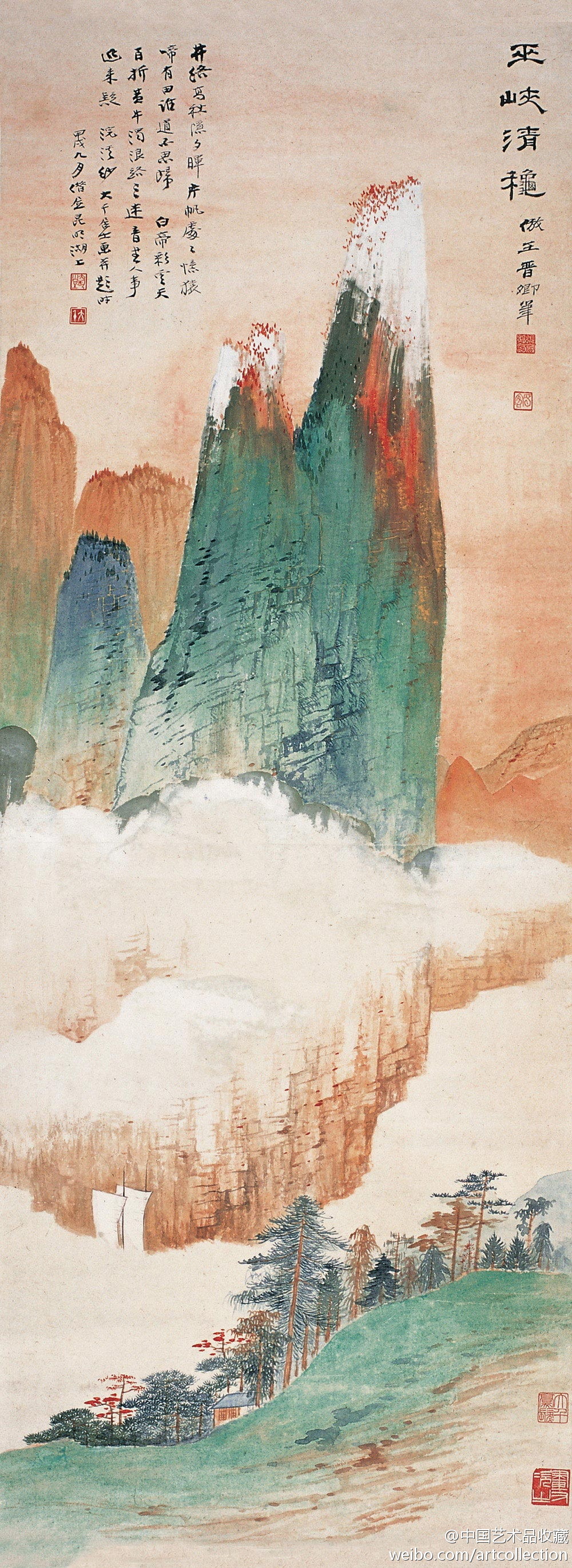 金碧山水#【 张大千《巫峡清秋》 】立轴，纸本设色，114.2×43cm，1934