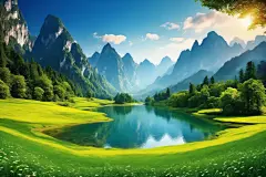 晴空画作创作植物湖面美景湖水插画图片
