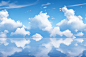 clouds reflected in water, in the style of realistic rendering, soft and dreamy atmosphere, emphasis on linear perspective, joyful and optimistic, rendered in maya, calm waters, calm and meditative
