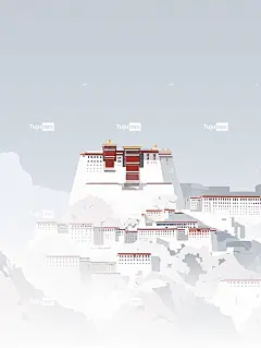 布达拉宫被白色浓雾包围，佛教禅宗平面插图海报