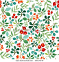 Seamless watercolor pattern with leafs and berries - stock photo