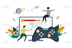 玩电子游戏，电子竞技电脑游戏平面插图与小人物概念向量模板，适合背景，ui，ux，广告插图