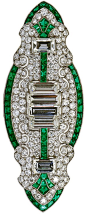 Art Deco Diamond Emerald Brooch. It’s all about geometry and calibrated shapes. The french curves keeping company with their defined deco counterparts. All this surrounds six bold baguette shaped diamonds of ~5.50 carats.  Via @1stdibs.