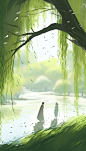 中国风水墨绿色清新24节气处暑人物插画