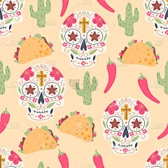 无缝墨西哥模式与头骨，塔可，仙人掌和辣椒矢量背景。完美的壁纸，墨西哥图案填充，网页背景，表面纹理，墨