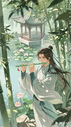 jimeng-2025-09-11-4203-人物泛光，动漫伪厚涂技法，水粉笔触，古风人物，竹林，亭台楼阁，荷花池，俯视角拍摄