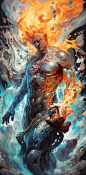 a large man holding a fire and water, in the style of colorful biomorphic forms, zbrush, intense close-ups, detailed miniatures, organic fluid shapes, cyan and amber, hyper-detailed illustrations