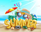 夏季矢量概念设计。夏季3d文字与乐趣和享受旅游度假元素，如沙滩球，太阳镜，帽子和相机的背景。