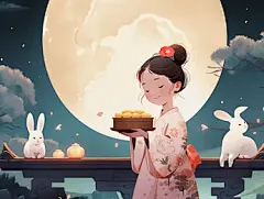 中秋节嫦娥玉兔月下嫦娥手捧月饼插图卡通唯美手绘可爱古风插画壁纸