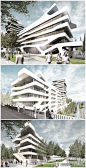 由j. mayer h. architects设计的德国FOM大学。为了适应不断增加的学生人数，这座新学院楼将来能够容纳1400人。那些起伏的表皮围绕建筑一周，形成了室外阳台空间，将中央区域、办公室和地下停车场都结合在了一起。
