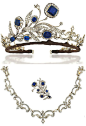 AN ANTIQUE SAPPHIRE AND DIAMOND TIARA / NECKLACE. Composed of a central floral and foliate spray, each flowerhead with cushion shaped foil backed sapphire centre to an old-cut diamond openwork surround, raised on similarly-set diamond stems and scrolling 