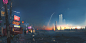 通用2500x1250艺术品数字艺术市容建筑科幻小说伊斯梅尔·英塞格卢赛博朋克未来派城市火箭道路标志日落