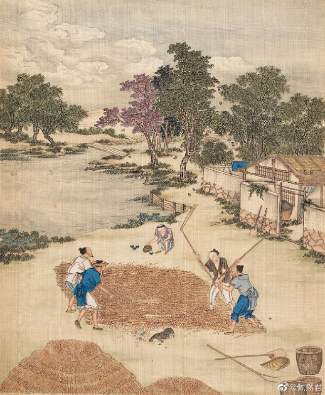 书法绘画 | 清耕织图册 耕织图题材始于南宋，描写性别分工的古代农业社会，男耕女织各司其职。#遇见艺术##书画#
