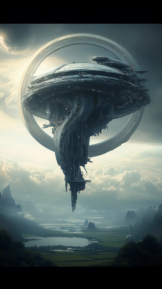 lifenghua_An_alien_space_station_floating_above_an_alien_landsc ...