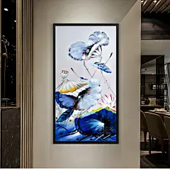 手绘现代简约荷花锦鲤油画新中式玄关 装饰壁画过道竖版油画墙画2-淘宝网