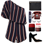 A fashion look from March 2017 featuring striped romper, blue mary jane pumps and leather envelope clutch. Browse and shop related looks.