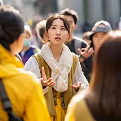 (1/4)Kpop女孩在街上与他人交谈，以历史剧的风格，黄色和白色，公元500-1000年，焦点清晰，民艺，RTX开启，文化遗产(AI绘图来自WeDraw.art)