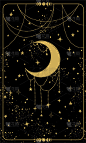带有新月和星星的塔罗牌。魔术卡，波西米亚风格设计，雕刻，女巫封面。金色神秘的手绘在黑色的宇宙背景上。