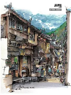 jiifll-场景-古城-写生-农村-旅游-景区-涂鸦-水彩-古建筑群落-徽州-凤凰古城-4A-手账 (10)