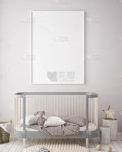 模拟海报框架在儿童卧室，斯堪的纳维亚风格的室内背景，3D渲染