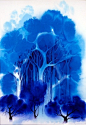  蓝色的树木和水彩画艺术
