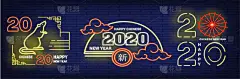 收集2020年春节设计卡。鼠生肖标志为贺卡，传单，邀请函，海报。霓虹灯风格