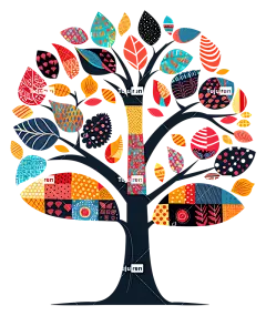 装饰树彩色叶子树图案自然设计充满活力的叶子-色彩缤纷、风格化的树，叶子重叠