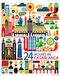现居伦敦的巴西插画家Fernando Volken Togni为卡达航空出版的Oryx Magazine绘制了这组名为《24 Hours in ……》的插画作品，他用简单的几何色块和丰富的色彩，拼凑出世界不同国家城市的特色元素，欢乐又带着童趣。国内的城市他选择了上海，不知道你能从图中找出上海的哪些元素来呢？