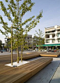 A Large Bench Serves As A Gathering Place In This Town Square