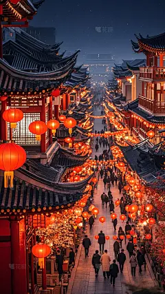 小年实景感手绘新年街道场景灯笼背景