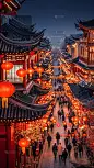小年实景感手绘新年街道场景灯笼背景