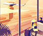 Travel airplane people figures light sunset airport Drawing  graphic Landscape