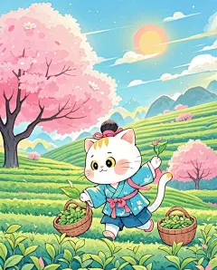 一大片茶园一只可爱的小猫在采茶叶国潮
