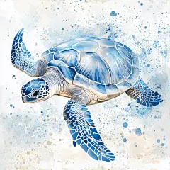 One Watercolor blue sea turtle With beige accents, white background with small blue water splashes and sand patterns. with seawater and sand on the edge of the design creating a pattern in the coastal style.

+ use text