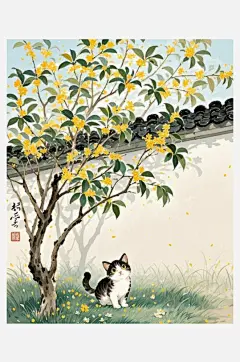 水墨插画庭院桂花树下一只小奶猫草