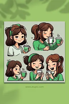 数字艺术喝咖啡人物手账贴纸表情包图片-众图网