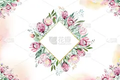 手绘孤立的水彩花卉框架与protea玫瑰，叶，枝和花。波希米亚金水晶框架。元素的问候婚礼卡。