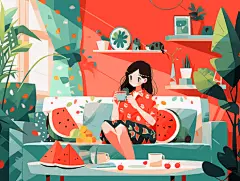 夏日清凉室内女孩避暑吃西瓜插画卡通手绘可爱插画壁纸