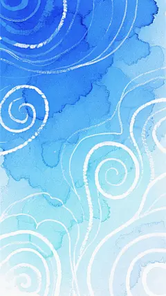 水彩风格的蓝色渐变背景，以天蓝色、湖蓝色和淡青色为主色调，通过自由流动的笔触和晕染效果形成柔和的色彩过渡，整体呈现出轻盈通透、梦幻空灵的氛围。画面中融入完全不同样式的抽象花纹，采用细腻的线条勾勒出螺旋状与波浪状交织的图案，花纹边缘带有轻微的白色高光，与背景的蓝色调形成微妙对比，同时保留水彩特有的颗粒质感和自然的水渍纹理，营造出层次丰富且和谐统一的视觉效果。