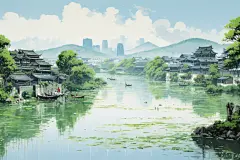 烟雨江南插画绘画图片