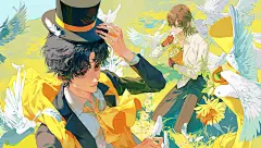 一些白鸽，黄色雏菊和春日之梦 -桃枝