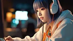 (4/4) 一位年轻的亚洲女孩在晚上使用她的笔记本电脑，戴着耳机，呈现出橙色和金色的灯光效果，具有游戏核心风格，类似于Shilin Huang的照片现实主义技巧，新学院主义，竞赛获胜者，Cecilia Beaux(AI绘图来自WeDraw.art)