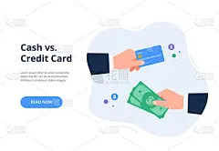 现金vs.信用卡。现金和非现金资金周转。时尚的平面矢量插图的横幅，着陆页模板，移动应用程序。