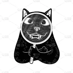 向量黑猫与放大镜。有趣的猫露出它的牙齿。涂鸦插图海报，卡片，明信片，印刷，设计