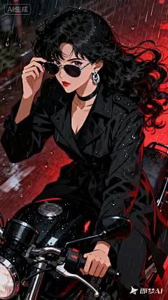 jimeng-2025-09-28-7202-黑暗风格插画，古早动漫风格，暗红色背景，华丽的画风，黑色长波浪卷发美艳女性，风吹
