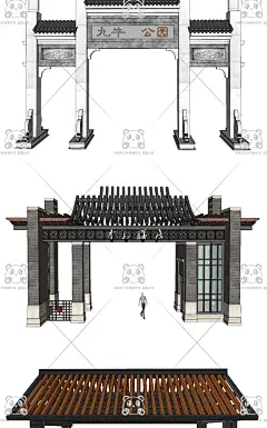 新中式徽派少数民族美丽乡村度假村旅游风景区特色小镇大门SU模型-淘宝网