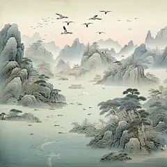 山水古诗词国画宋代风格海报